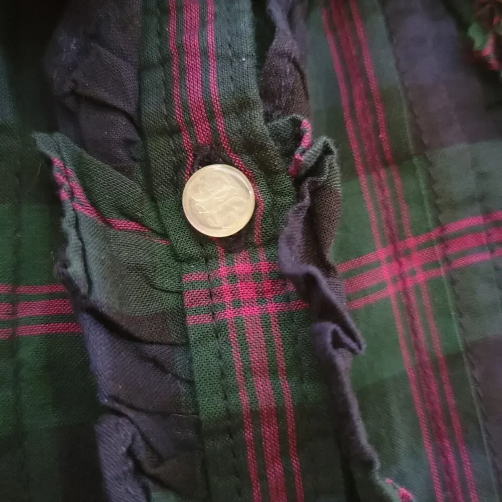 Ralph Lauren Shirt Girls 5 Cotton Plaid Puff Shoulder Pintuck Ruffle Button